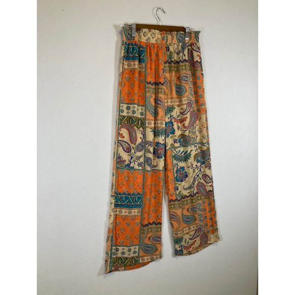Rose + Olive Wide Leg Pants Women Small Orange Paisley Patchwork Boho Smocked - Picture 9 of 10